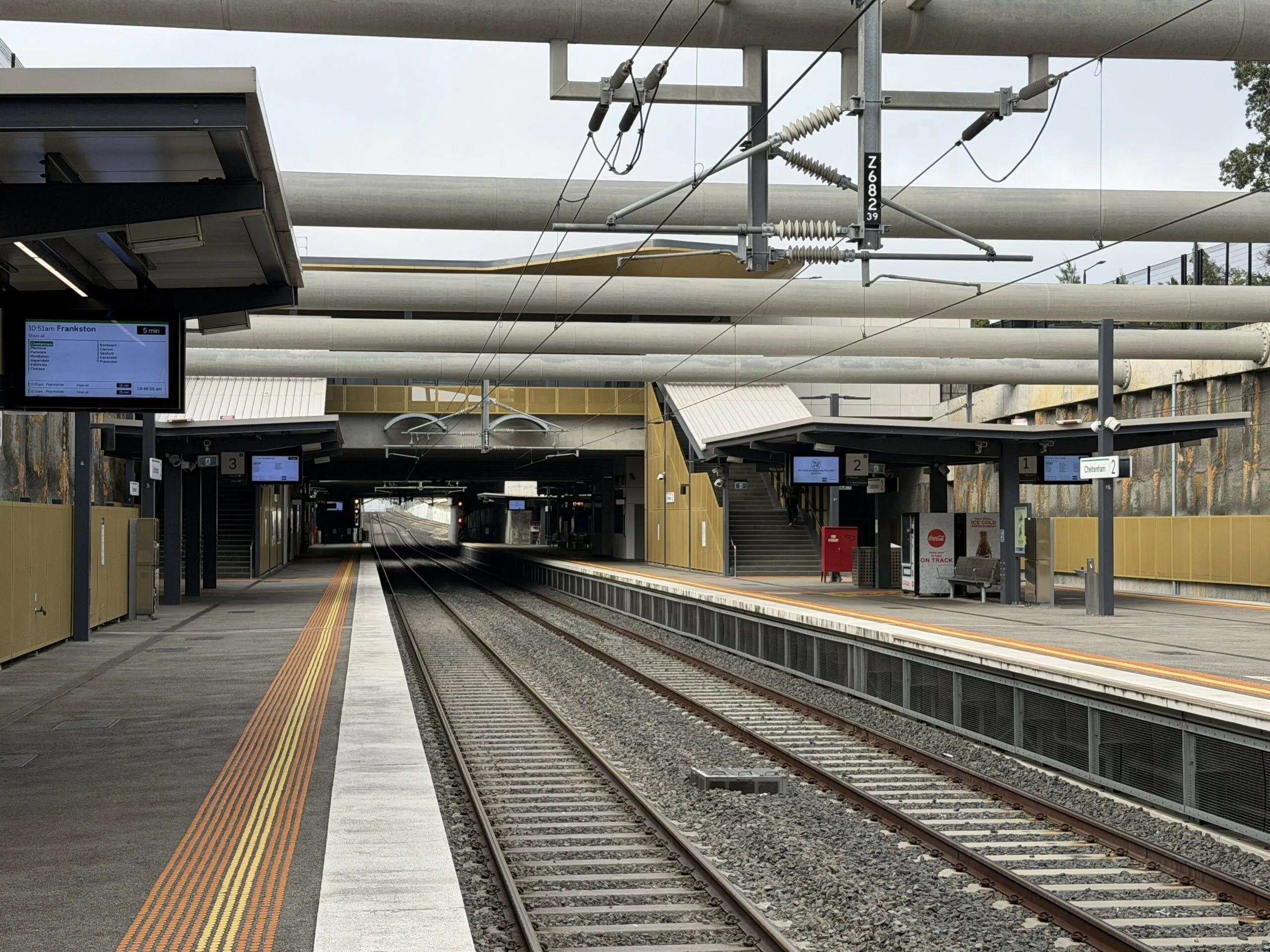 Cheltenham railway station platform, Melbourne, near the site of the Suburban Rail Loop East tunnelling and new underground station works