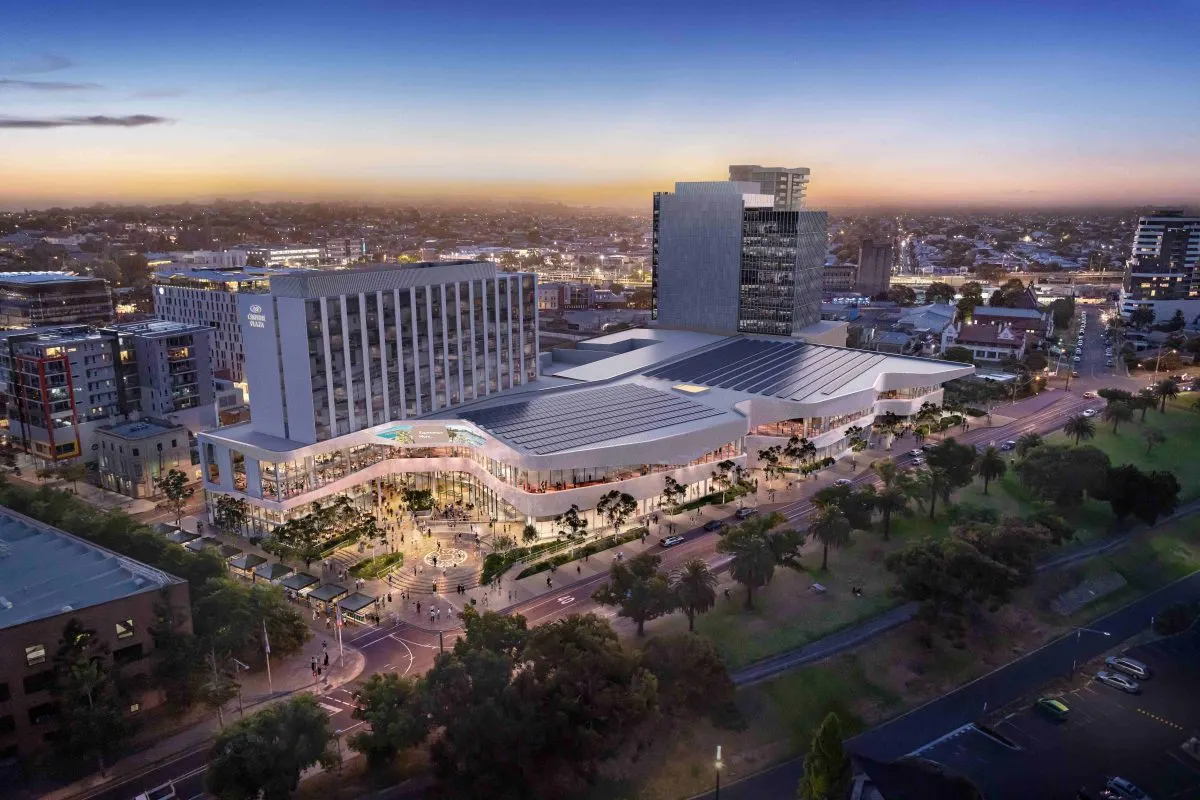 Nyaal Banyul Geelong Convention and Event Centre – Aerial Render Aerial render of the Nyaal Banyul Geelong Convention and Event Centre precinct