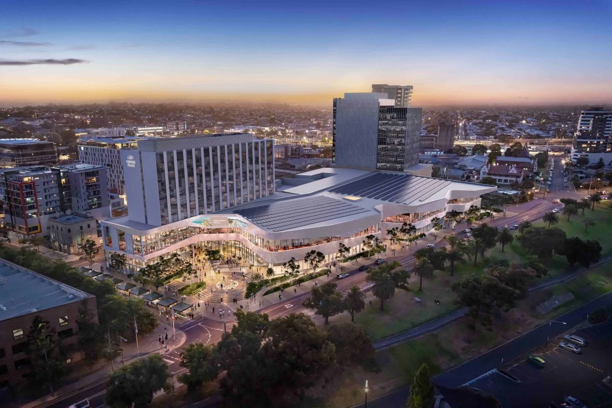 Nyaal Banyul Geelong Convention and Event Centre – Aerial Render Aerial render of the Nyaal Banyul Geelong Convention and Event Centre precinct