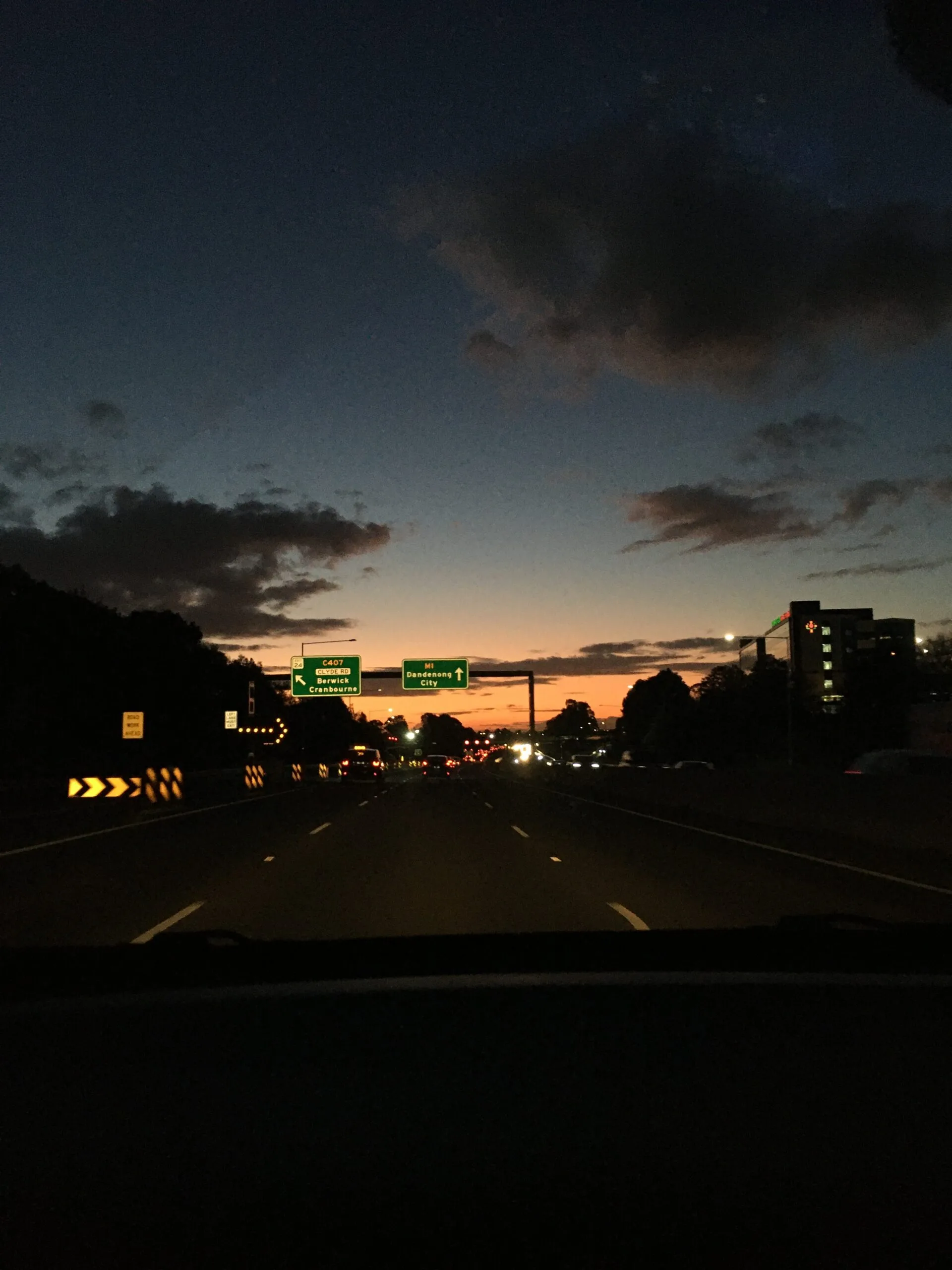 The Princes Freeway (M1) at the Berwick / Cranbourne exit, near the Clyde Road interchange, Victoria