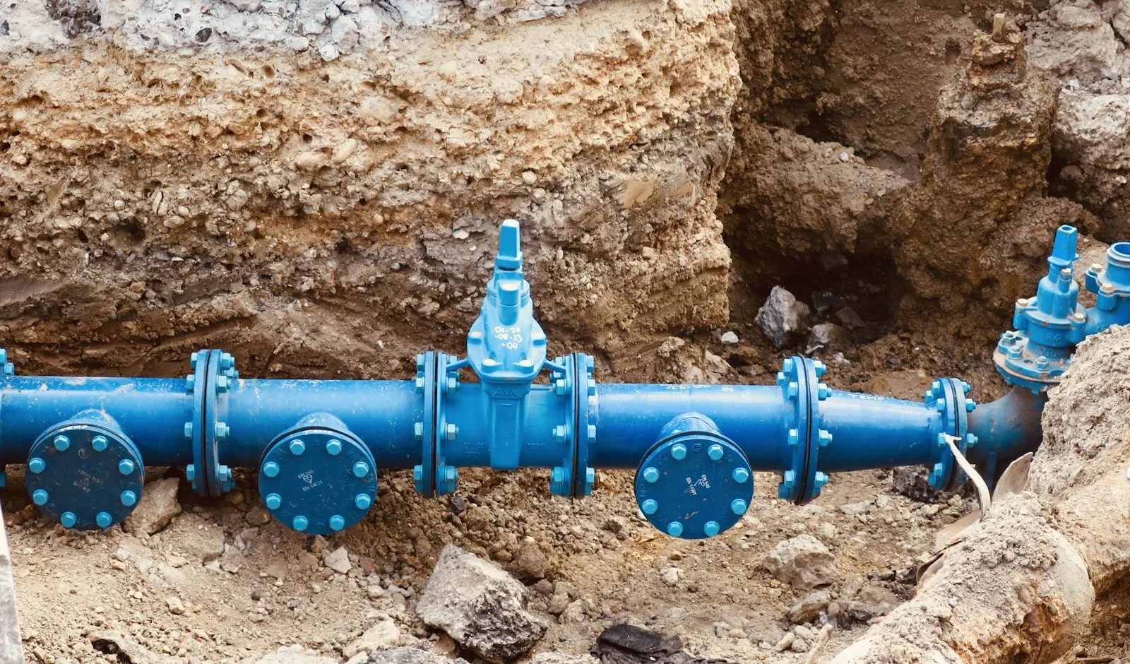 Exposed underground water pipe and valves revealed in an open excavation trench
